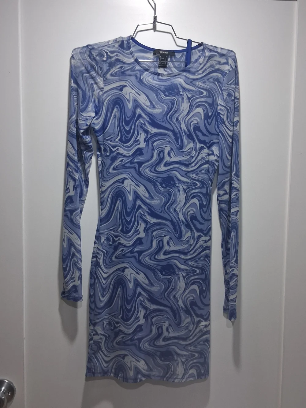 Forever 21 Blue and White Swirl Long Sleeve Mesh Bodycon Dress Small